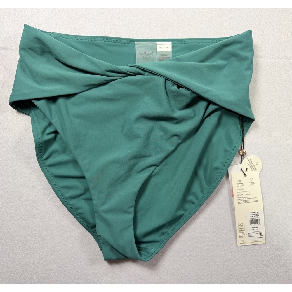 Calia Womens M High Rise Swim Bottom Jungle Green Twist Front NWT UPF 50